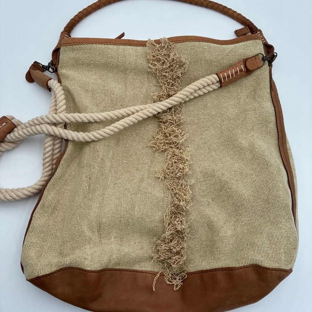 Free People Wilhelmina Bucket Bag Canvas Leather Rope Strap Boho Beige Fringe